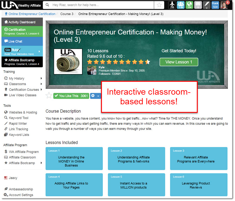 Wealthy Affiliate classroom