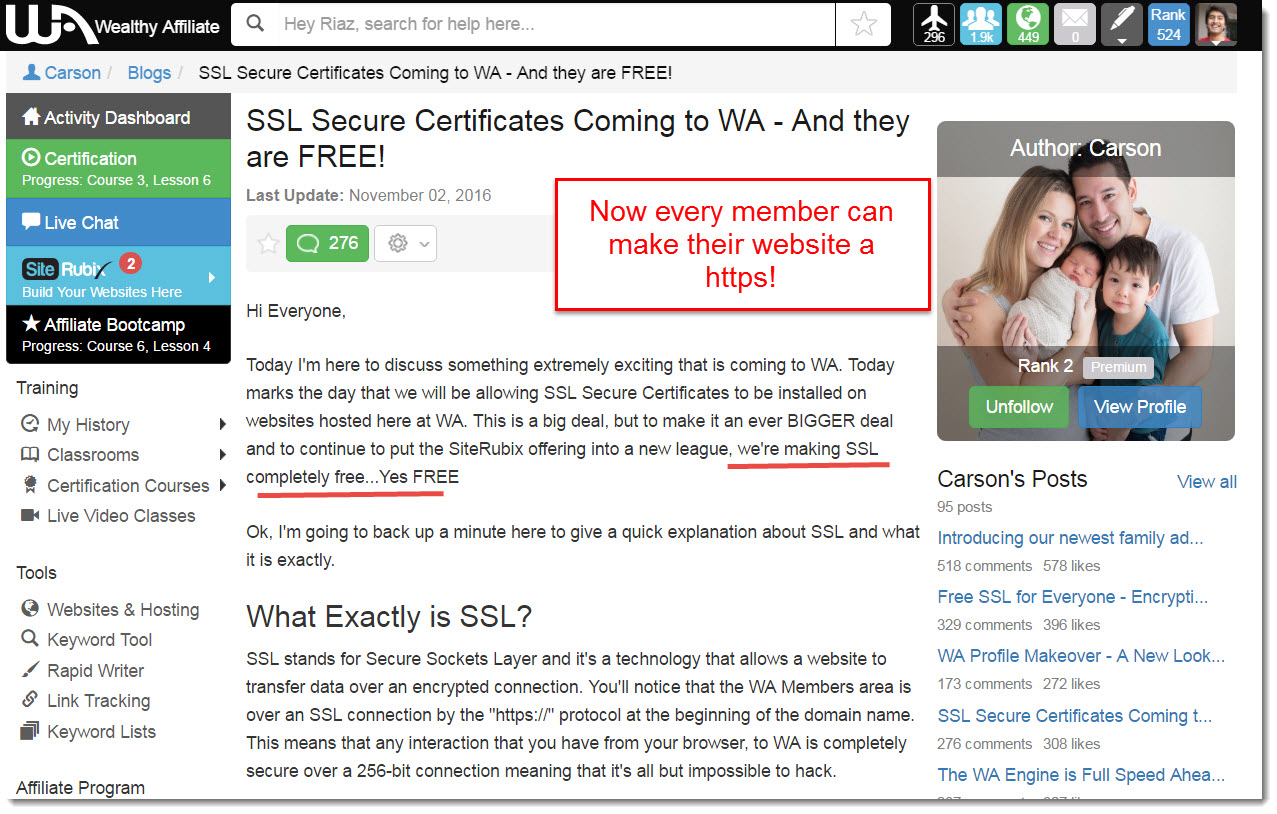 free SSL Wealthy Affiliate