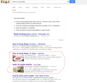 screenshot of how to cook a pasta result in Google search