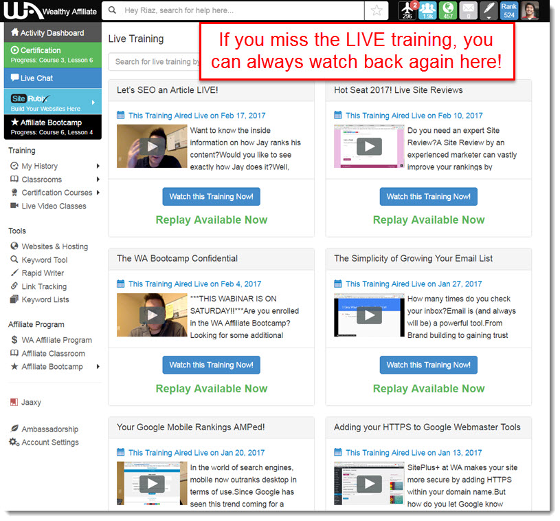 wealthy Affiliate Live Training