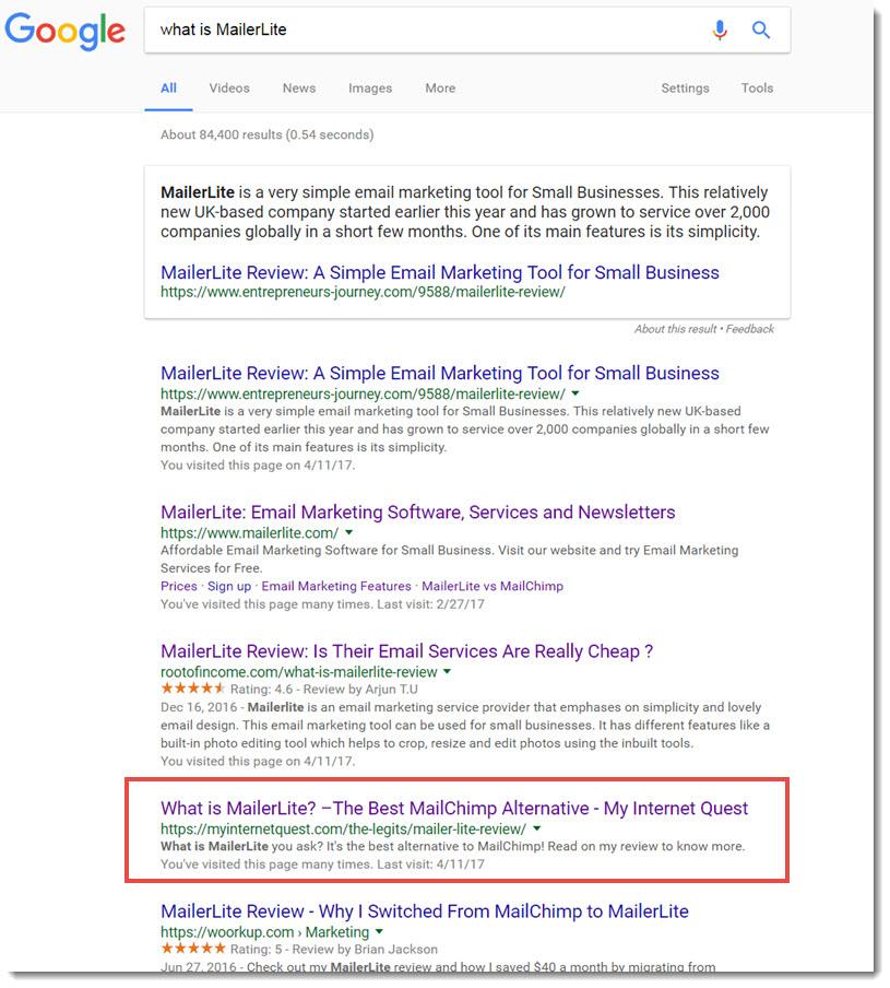 what is mailerLite google search results