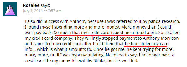 Success WIth Anthony customer complaint of credit card info steal