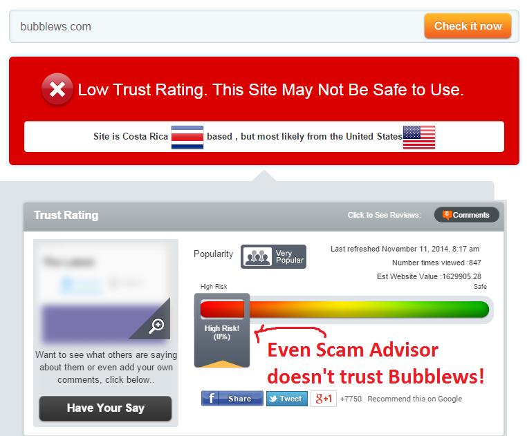 scam advisor rates Bubblews zero