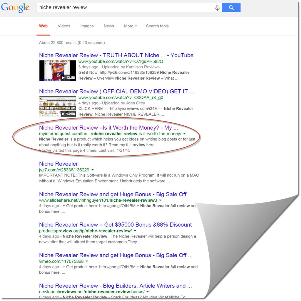 Google Search results for Niche Revealer Review