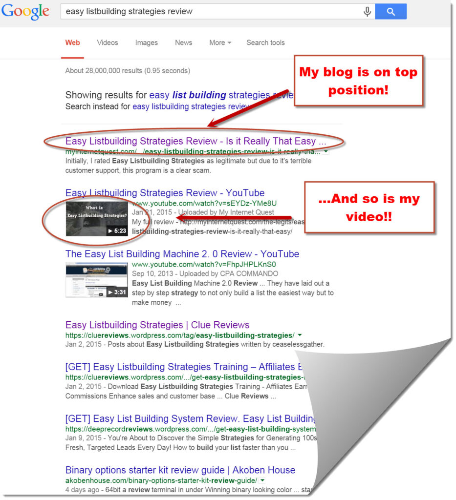 Google search results for easy listbuilding strategies