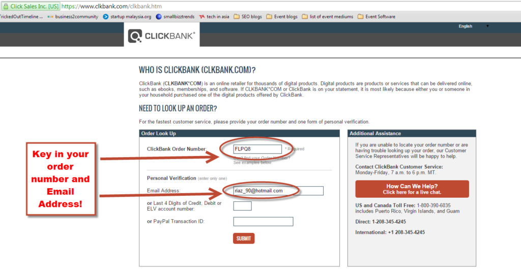 email and order number in clickbank