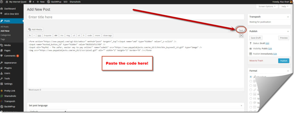 Pasting the buy now button code in text format
