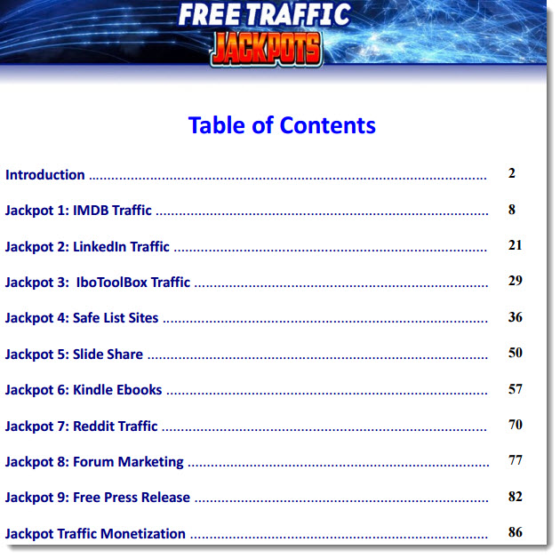 free traffic jackpot table of contents