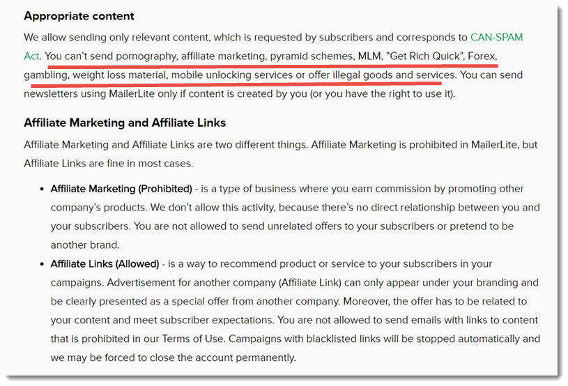 affiliate marketing is prohibited MailerLite