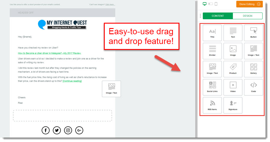 mailer lite drag and drop feature