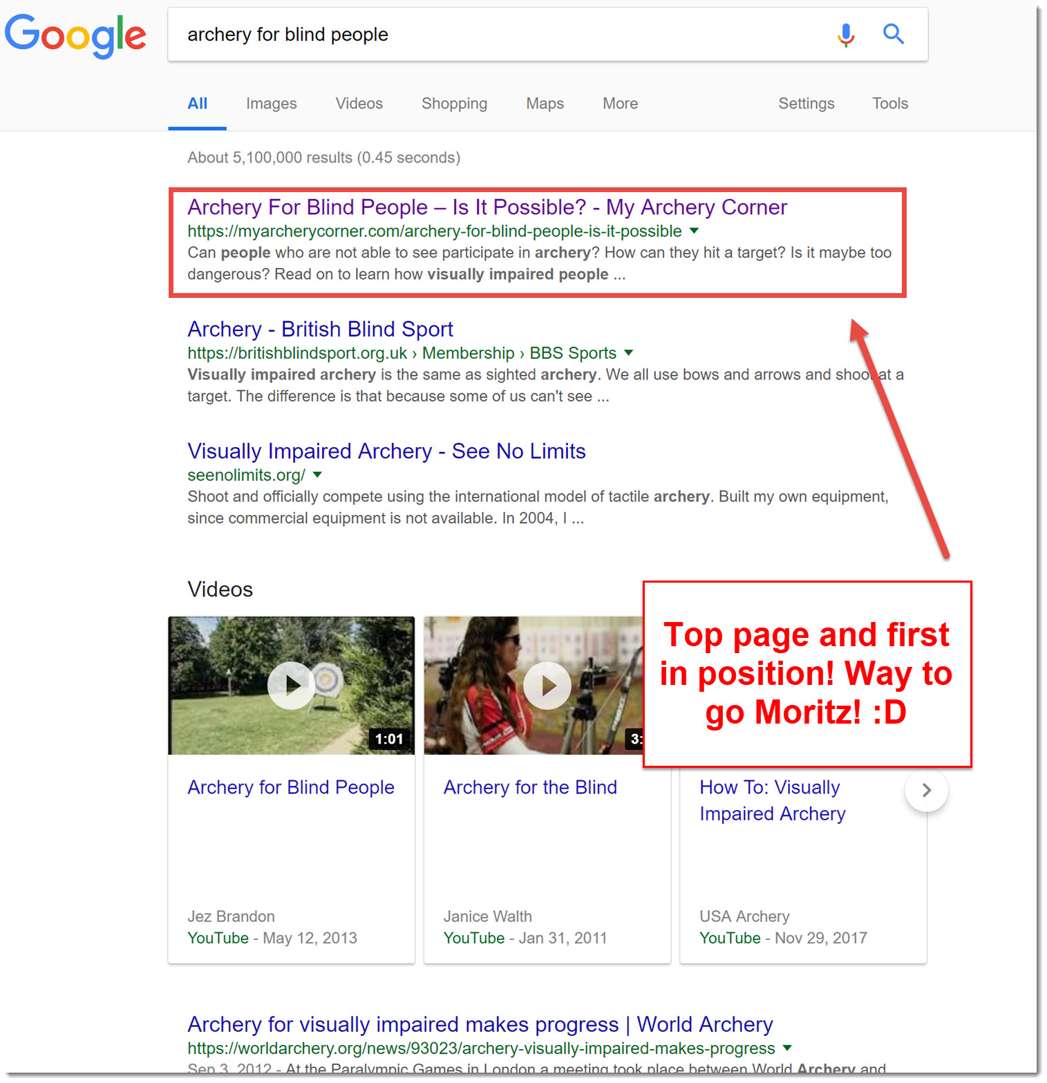 my archery corner on the first page of google