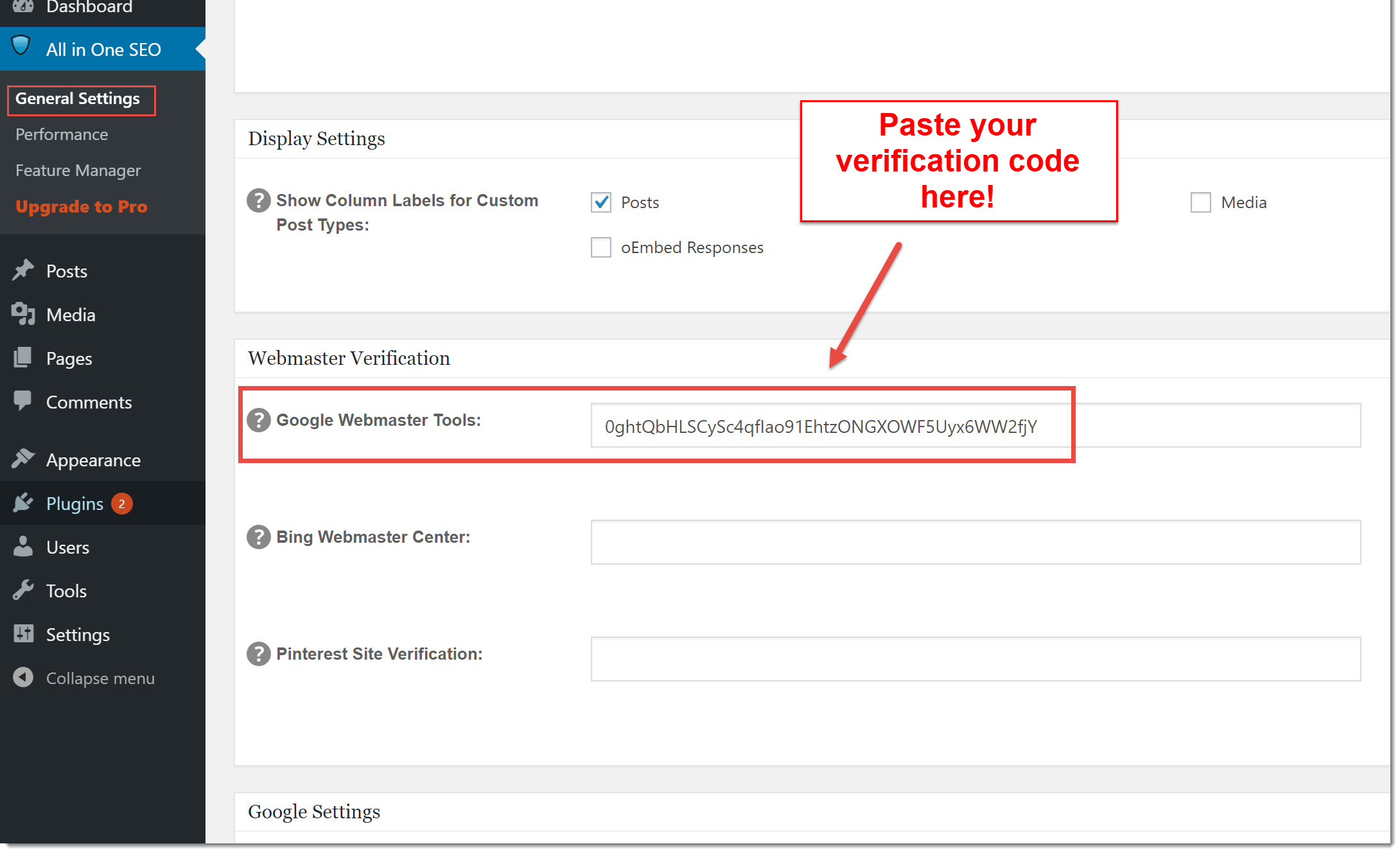 All in one seo webmaster verification