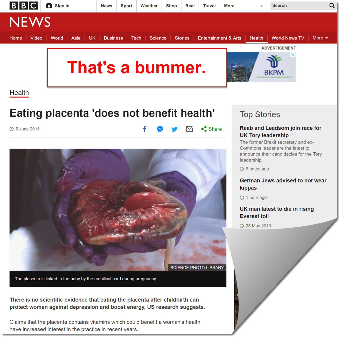BBC news statement on eating placenta
