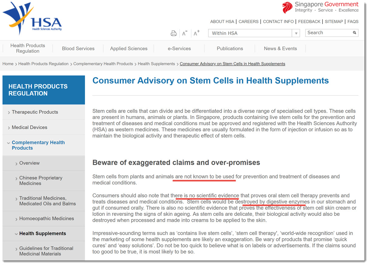 Health Science Authority Singapore on stem cells Purtier Placenta Riway