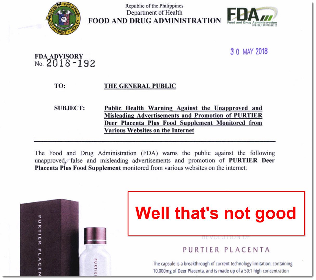 Purtier Placenta Banned in Philippines