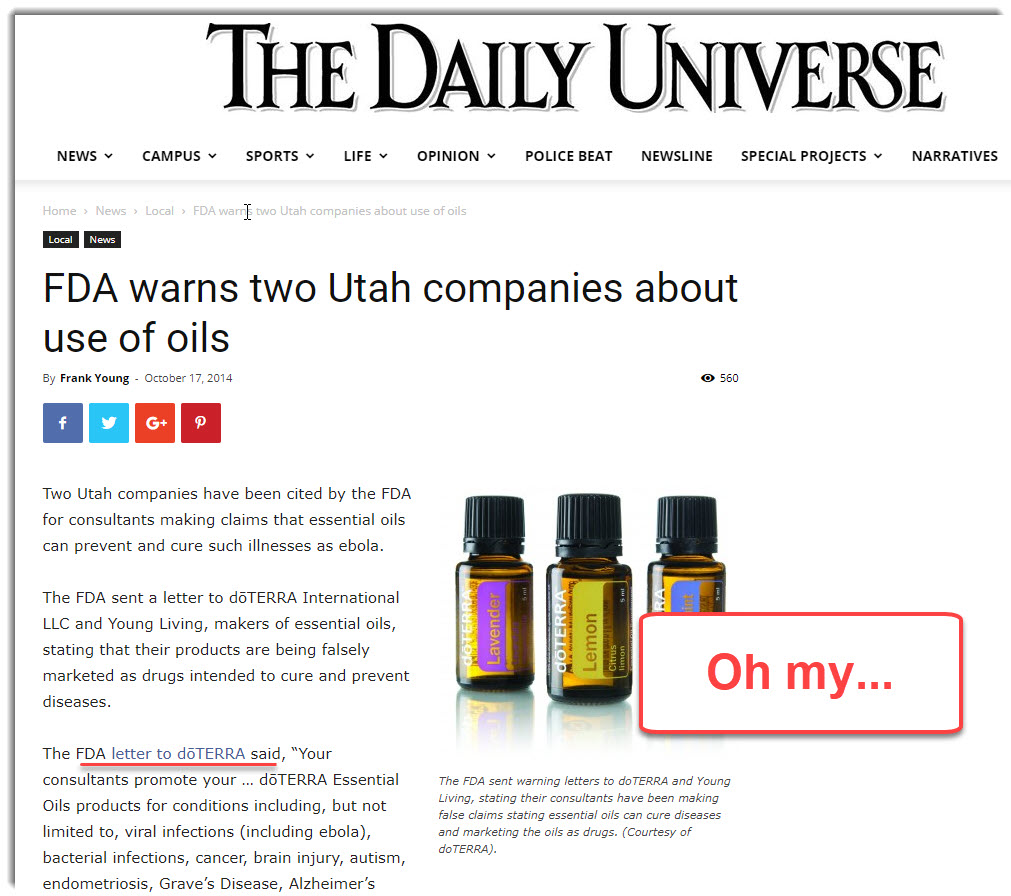FDA warns doTERRA on ebola claim (The Daily Universe)