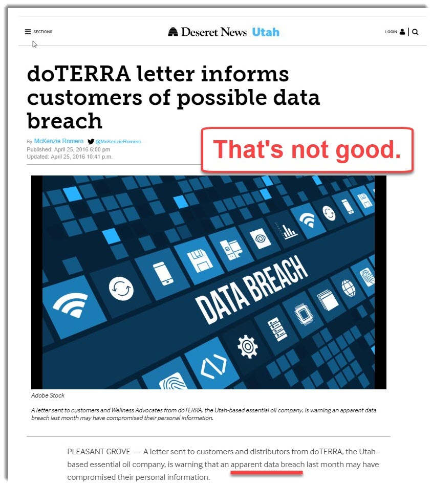 doterra data breach made public at deseret news Utah website