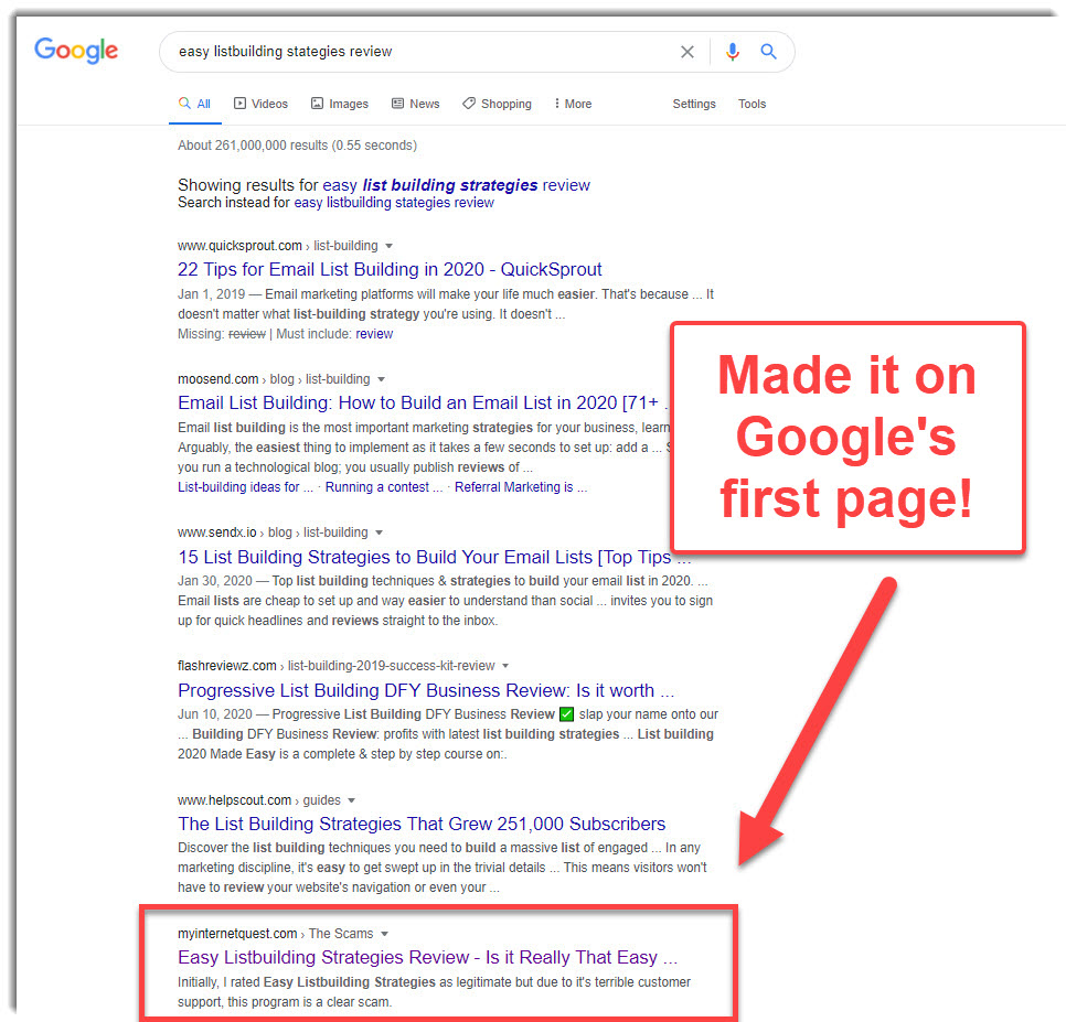 Easy Listbuilding Strategies review on Google Search first page