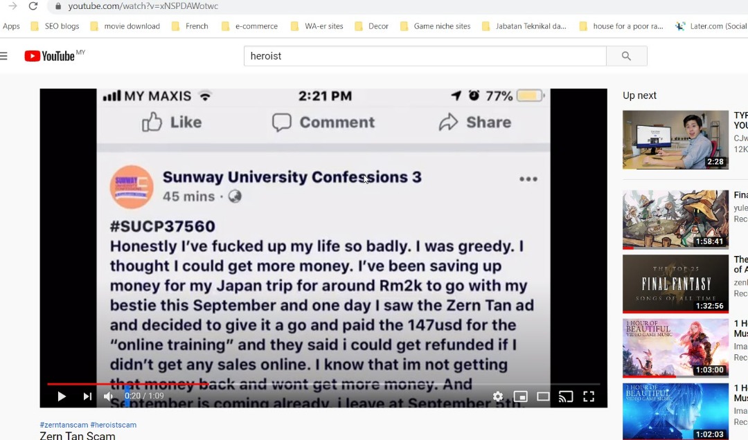 sunway university confessions bashing Zern Tan