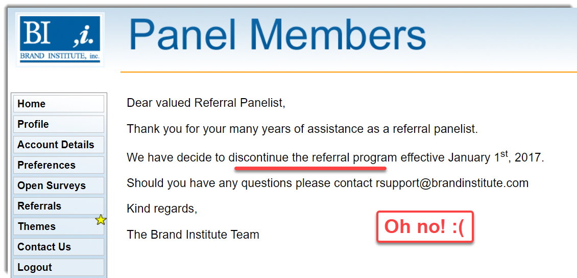 Referral system Brand Institute cancelled