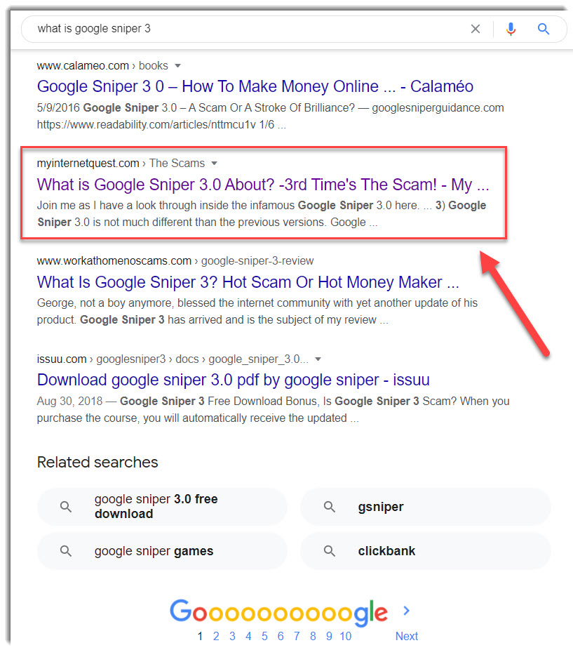 google sniper 3 on search results