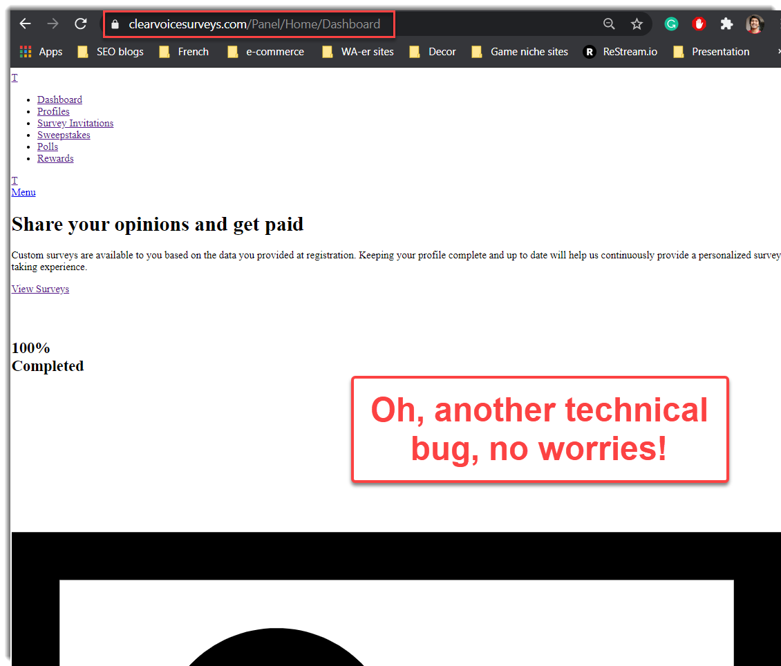 technical bug on website clearvoice