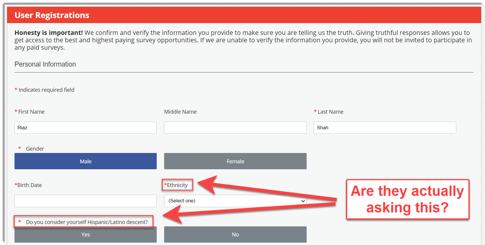 user registration asking about ethnicity