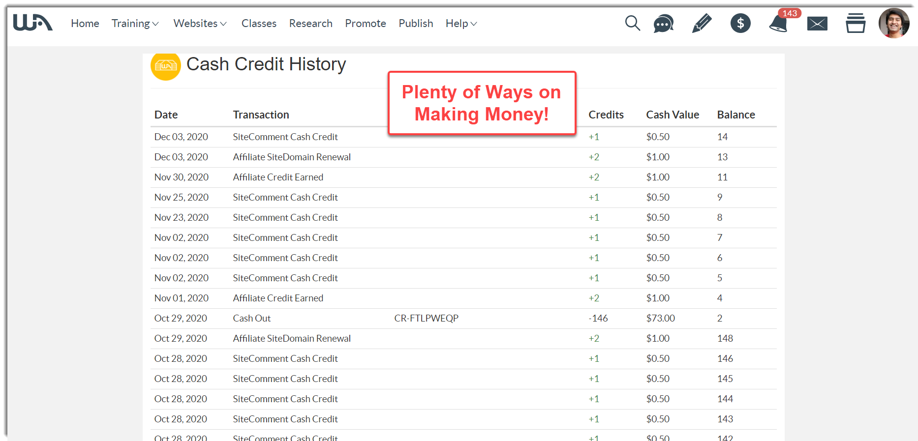 Earning through cash credits on Wealthy Affiliate
