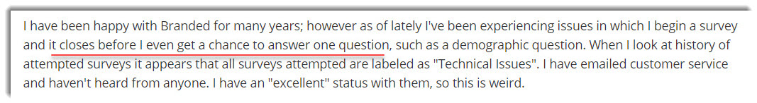 branded surveys technical issues complaint