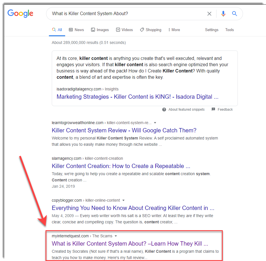 killer content system google search results